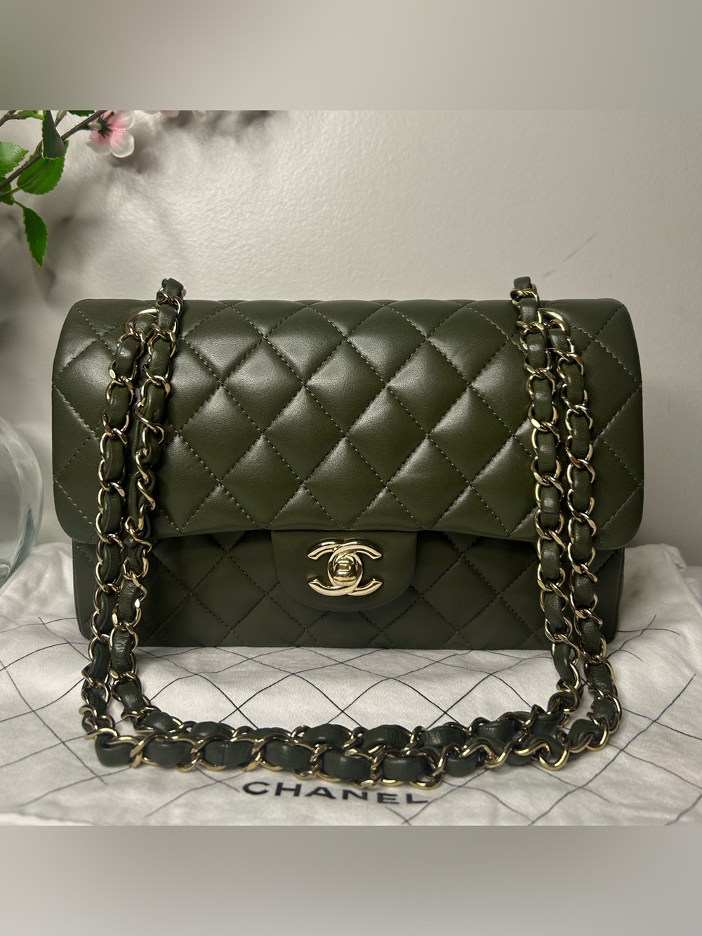 CHANEL Small Classic Double Flap Lambskin Quilted Handbag Olive / Gold Hardware